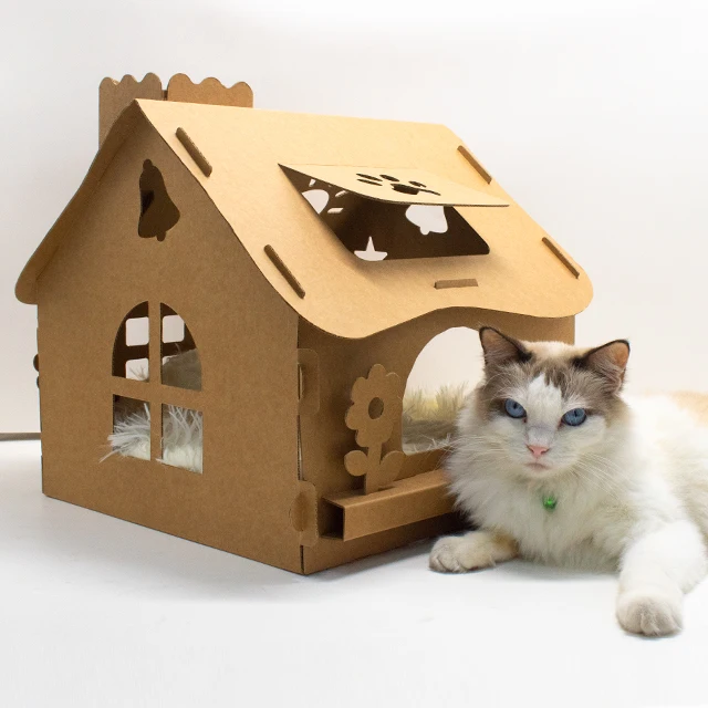

Pet Products Paper Cat House Corrugated Cat Villa Cardboard Pet Cat House Scratcher Cardboard Indoor Foldable Animal