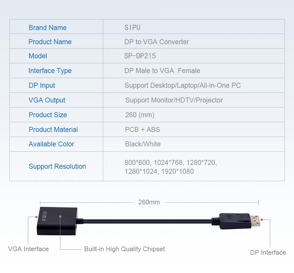 SIPU factory price DP to VGA Cable DisplayPort Male to VGA Female Converter Adapter Cable for Laptop PC - ANKUX.COM