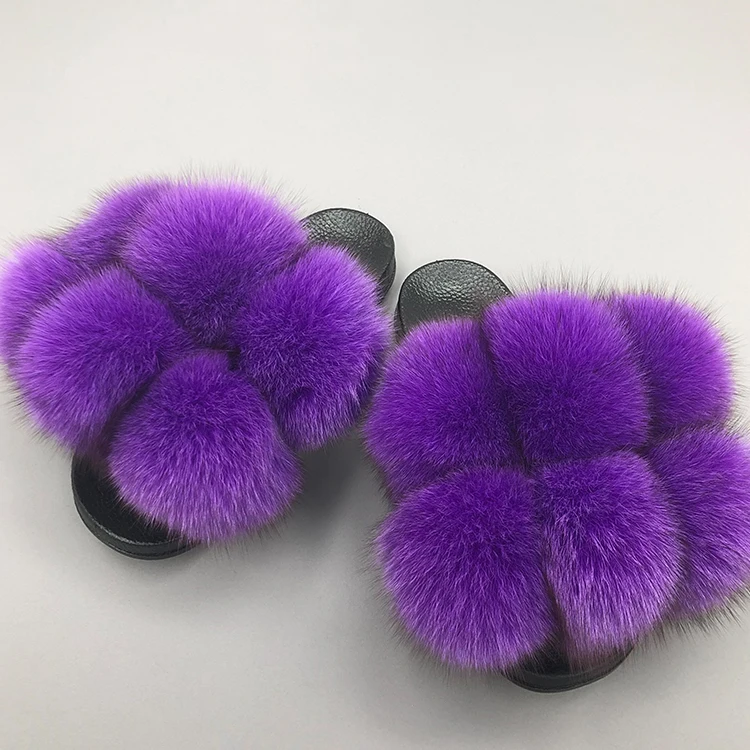 

Free shipping summer luxury rainbow color fox fur slippers pom pom big real fur slippers 2021, Customized color