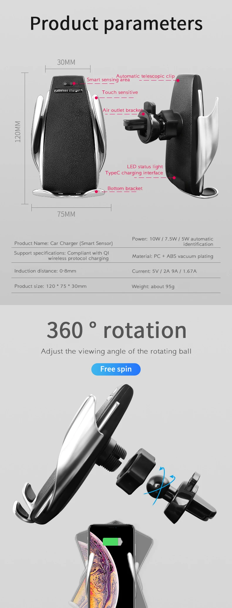 Fast Car Charger 10 Years ODM & OEM Manufactory 3C Mobile Phone Accessories Cell Phone Holder Sensor Fast Car Wireless Charger