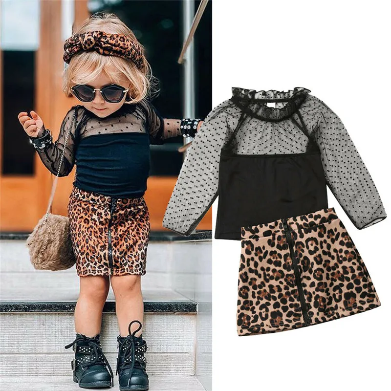 

2PCS Set Cute Baby Girls Clothes 2020 Spring Fall Toddler Kids Long Sleeve Lace Tops Leopard Skirt Children Girls Clothing Sets