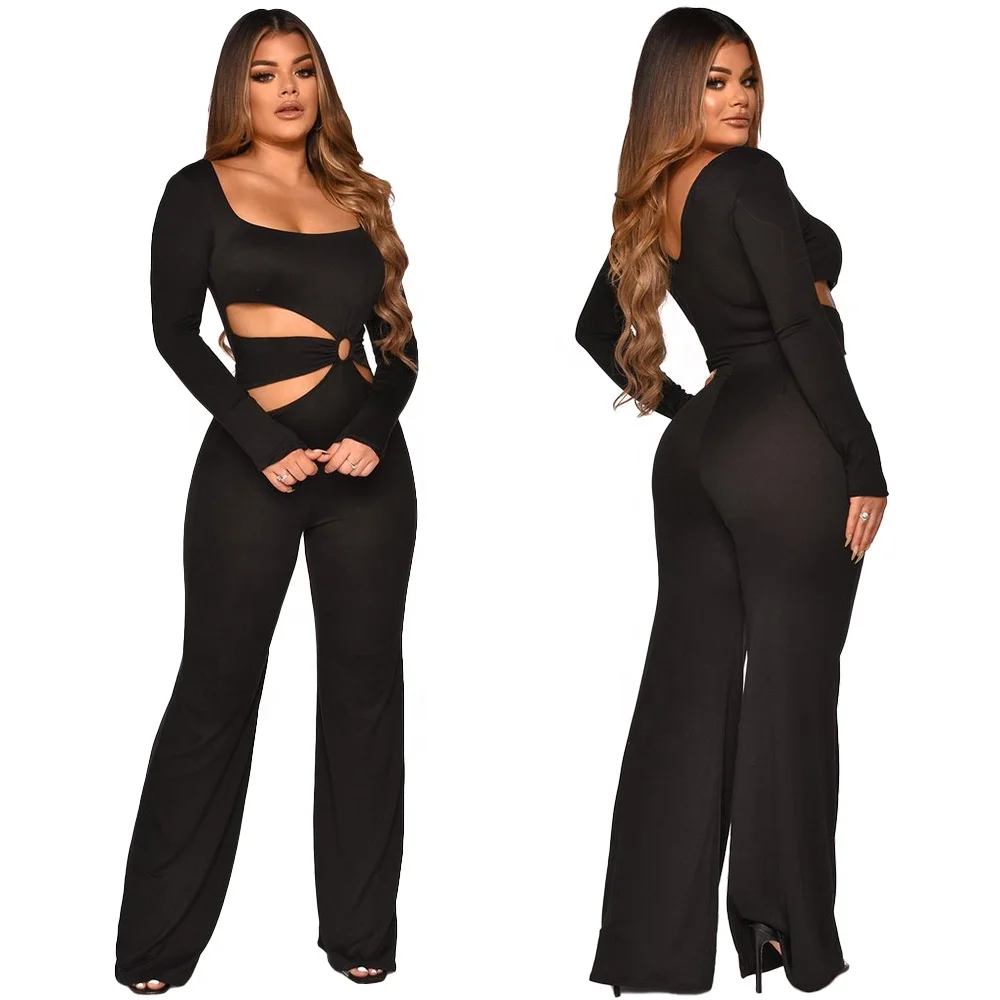 

LW K9985 New solid color women's hollow waist romper long sleeve wide leg pants for tall women sexy jumpsuits, 5 colors available