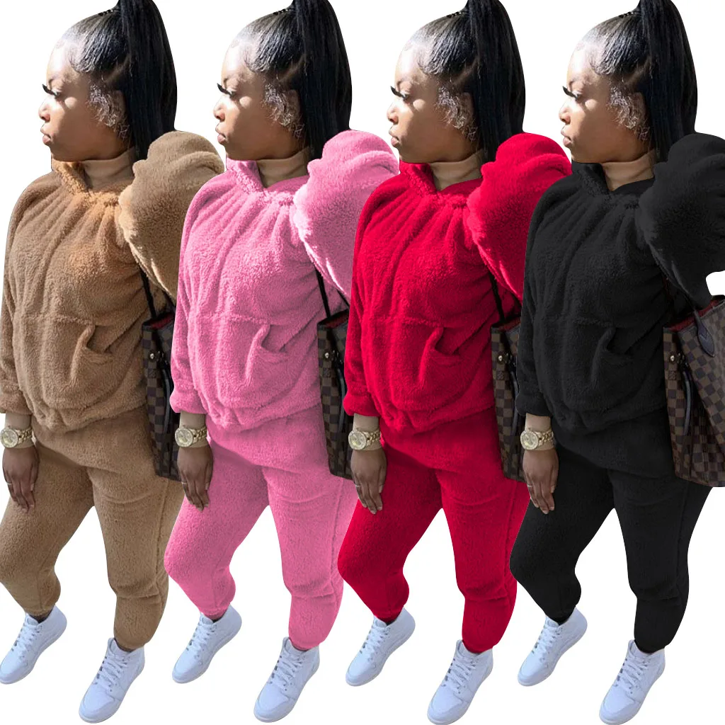

Wholesale Women Winter Solid Color Plush Hooded Sweater Pants Large Size Warm Skin Windproof Two piece Suit, As picture