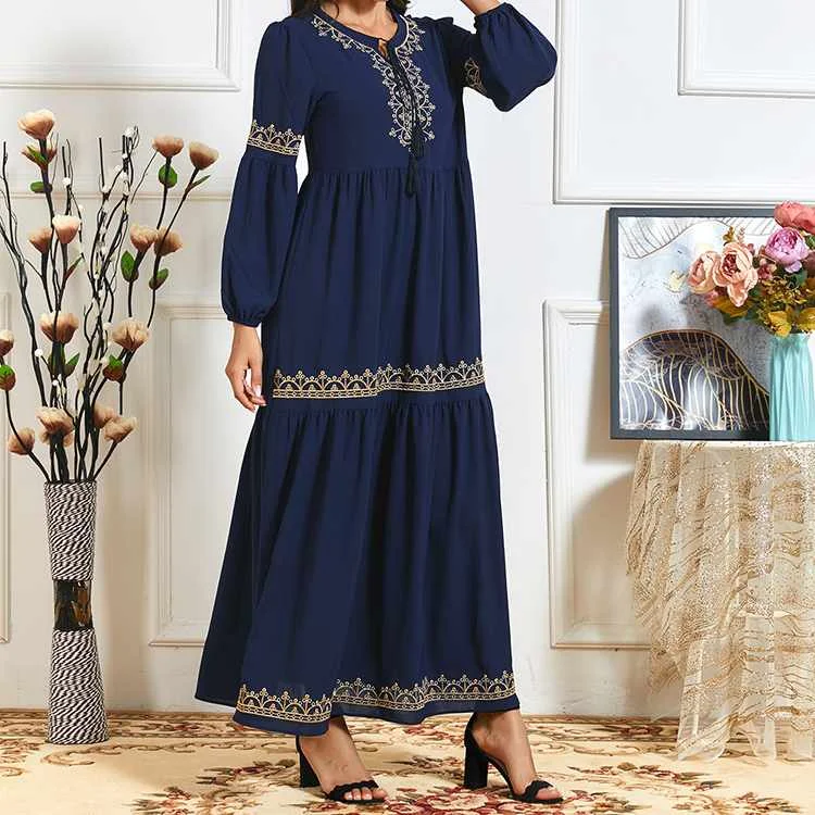 

Blue embroidery tie neck long sleeve plus size women maxi dress