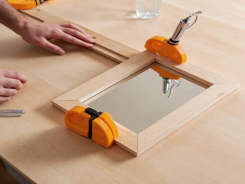Clamping mitered wood corners for mirror frame assembly