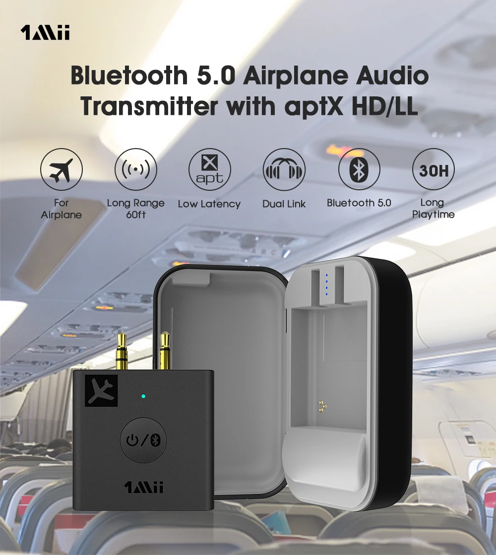 1mii Bluetooth 5.0 Airplane Audio Adapter With Aptx Hd/ll,Wireless