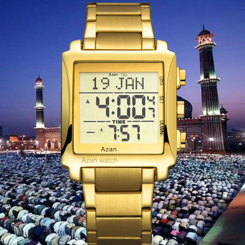 

Arabic Man Qibla watch 3atm Waterproof Round Alloy luxury Digital Sport Multi-function Muslim Azan Watch