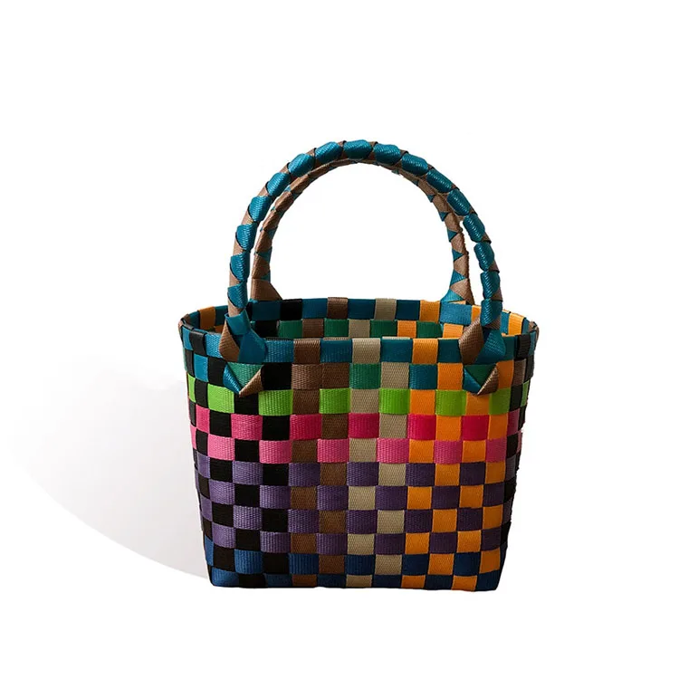 

2020 New Small Square Bag Packed With Woven Vegetable Basket Straw Bag Handmade Plastic Woven Bag, 7 colors