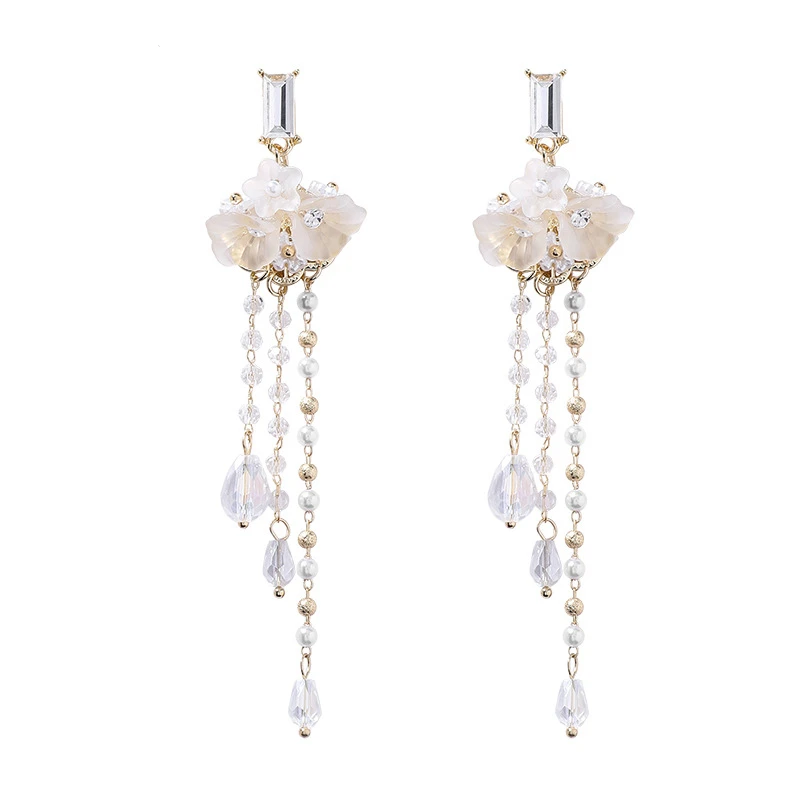 

Jachon Fashion Crystal Beads Pearl Long Tassels Earrings Flower Stylish Sweet Earrings Gift For Women Girls, Silver