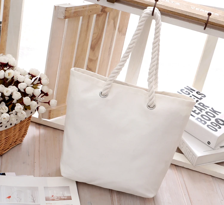 

Recycled custom plain blank organic cotton beach tote rope handle canvas bag, Natural color or customized color