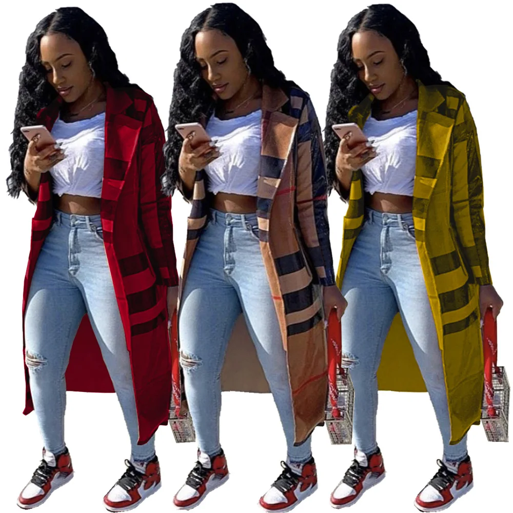 

Women's Winter Clothing Plaid Printed Windbreaker jacket Casual Ladies Cardigan Long Coat