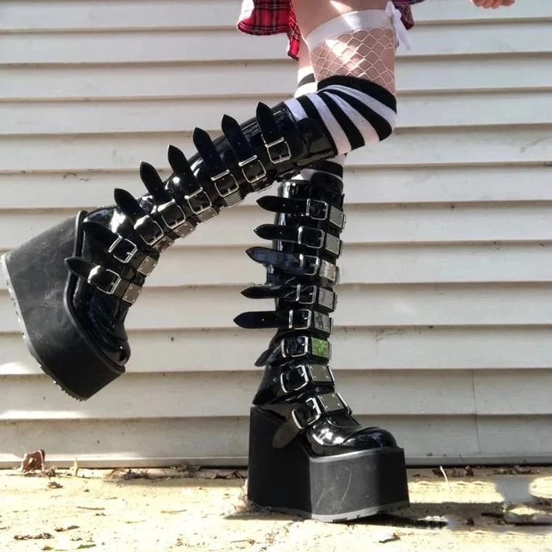

Fashion Big Size 43 Black Gothic Style Cool Punk Motorcycles Boots Female Platform High Heels Calf Boots Women Shoes