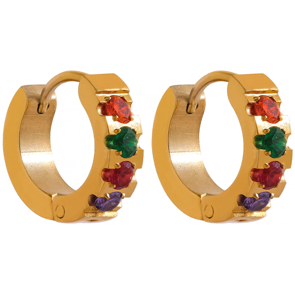 

JINYOU 1296 Rainbow Cubic Zirconia Round Stainless Steel Colorful Huggie Hoop Earrings Small Exquisite Regular Fashion Jewelry