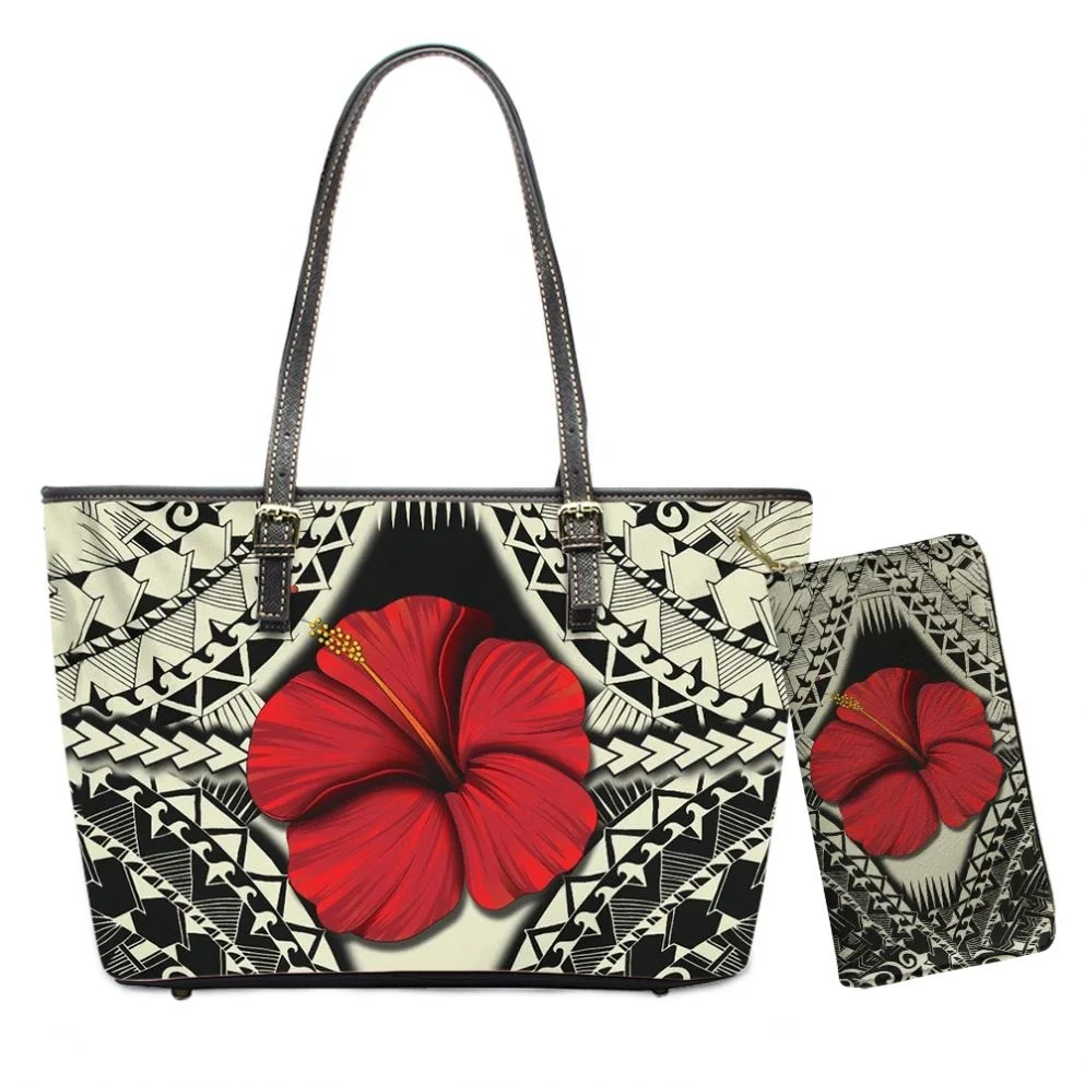 

Tropical Red Hibiscus Flower Design Mix Polynesian Samoan Tribal Print Women Large Purse And Wallet Set For Ladies Hand Bags, Customizable