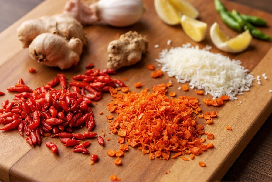 Close-up of various chili flakes, Sichuan peppercorns, garlic, and ginger arranged on a wooden cutting board for making authentic chili oil