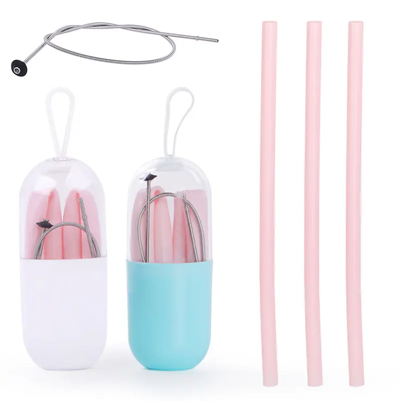 

Eco Drinking Straw Reusable Silicone Collapsible Straws, Cyan, quartz pink, gray, deep sky blue