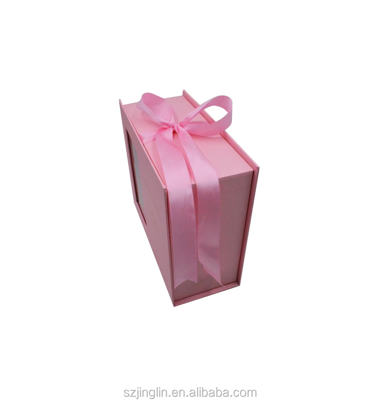 Pink Gold Hot Stamping Logo Rigid Paper Box with Clear PVC Window Ribbon Closure for Wig Hair Extension Packing