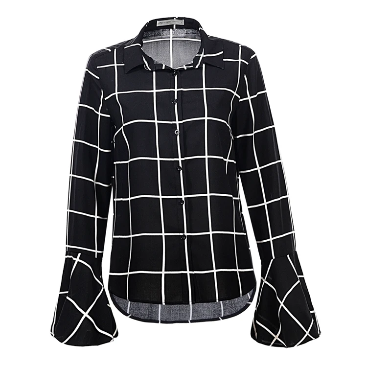 

Womens 2020 New Spring Summer Button Down Blouse Ladies Elegant Long Sleeve Plaid Office Wear Shirts Tops with Flare Cuff, Black,white