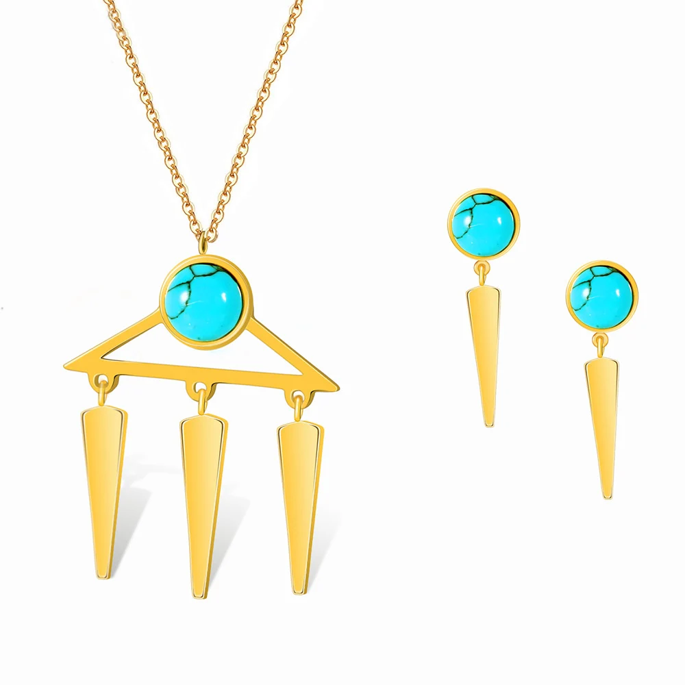 

Fashion Blue Marble Triangle Earrings And Necklace Party Bridal Women Wedding Stainless Steel Jewelry Set, Gold,silver