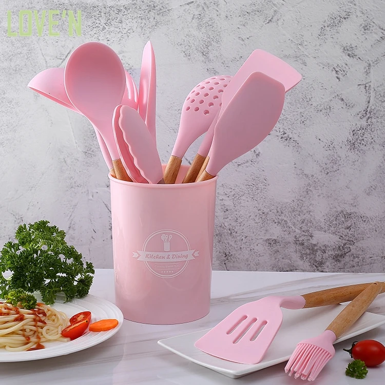 

LOVE'N 12PCS Non-stick Wooden Handle silicon Spatula Shovel Kitchen accessories Cooking Utensils Silicone Tool Set With Storage, Gray,dark green,pink,light green,red,black,purple