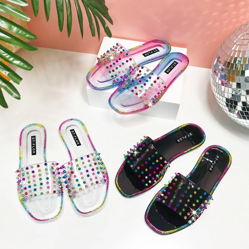 

Fashion jelly Slippers Women Flat Casual Ladies Jelly Shoes female rhinestone sandals rivet summer slides, Black, clear and rainbow