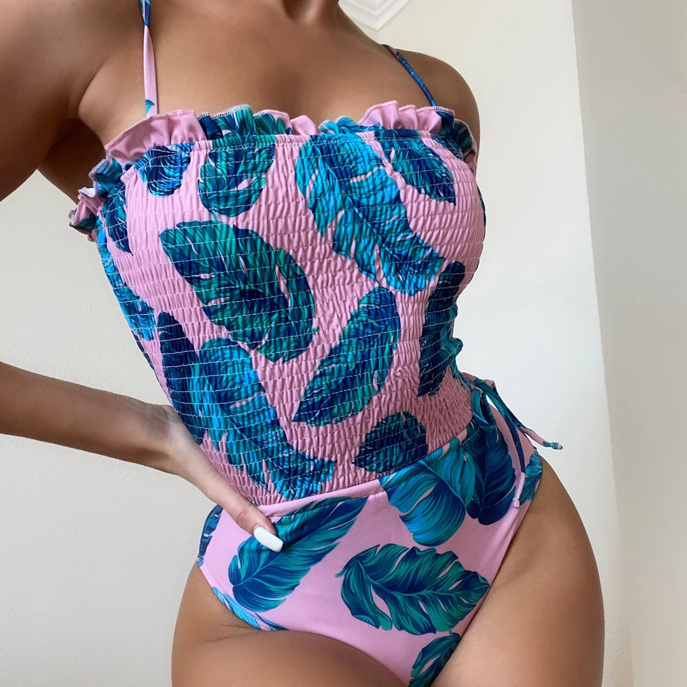 

2021 Ribbled Explosion Bodysuit Sling Off Shoulder Women Bath Suit Swimwear pink Printed Floral 1pcs swimsuit