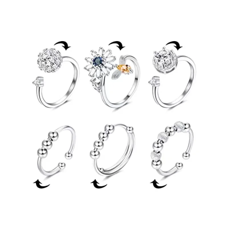 

New arrivals trendy bead zircon butterfly flower adjustable anxiety rings spinner set, Picture shows