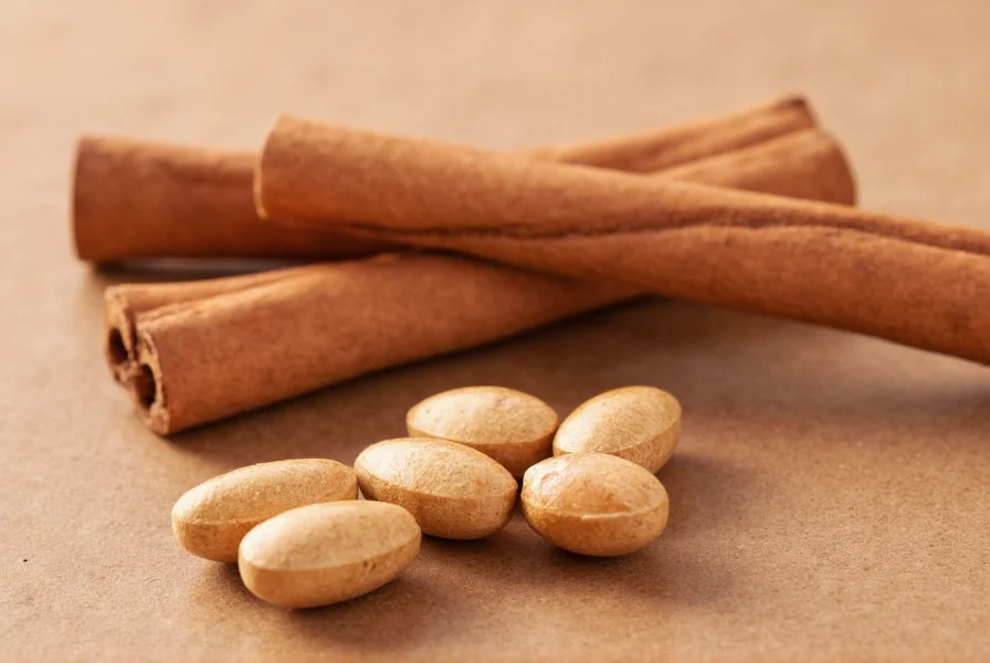 Close-up of a cinnamon supplement label showing Ceylon cinnamon identification, active compound percentages, and third-party testing certification