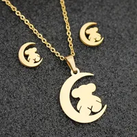 

New Fashion Design Gold Plated Moon Necklace With Bear Stainless Steel Cute Bear Pendant Necklace Earring Set For Women