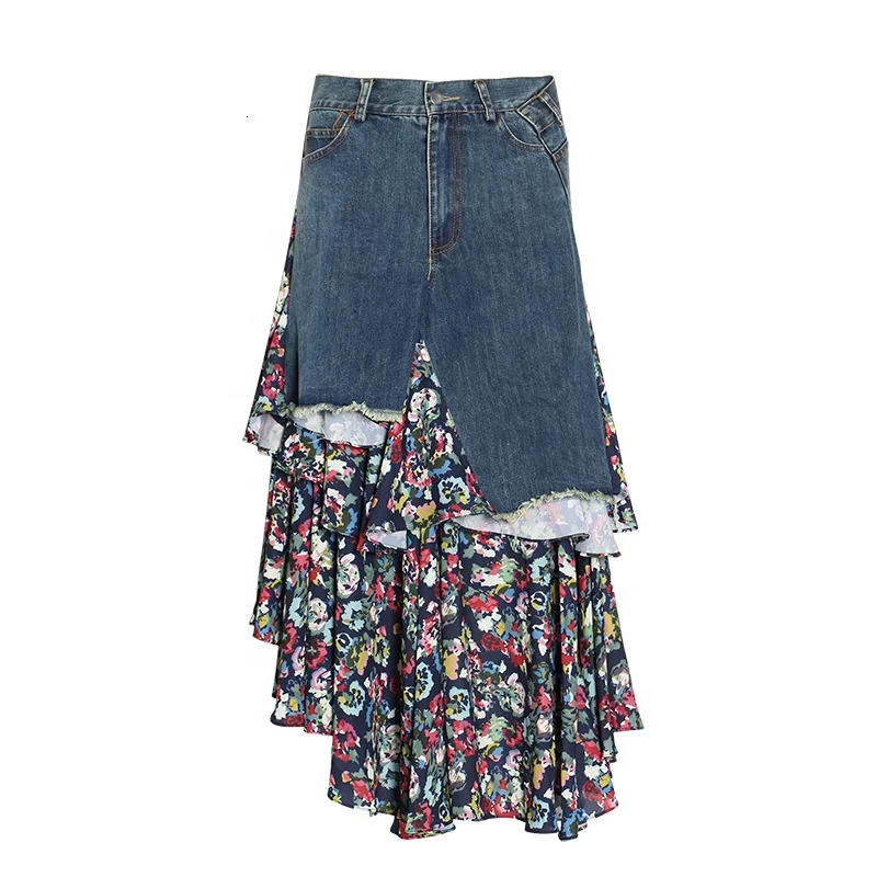 

B23855A Europe fashion style denim printed patchwork long irregular skirt