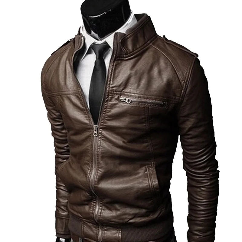 

Wholesale Men's Pure Color Stand Collar Motorcycle Leather Jacket, As shown