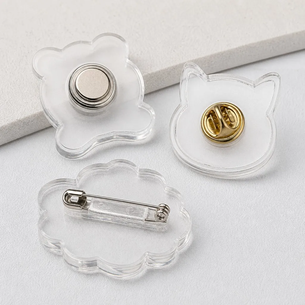 Modular fastening attachments for acrylic pins including magnetic backings, safety pins, and rubber clutches