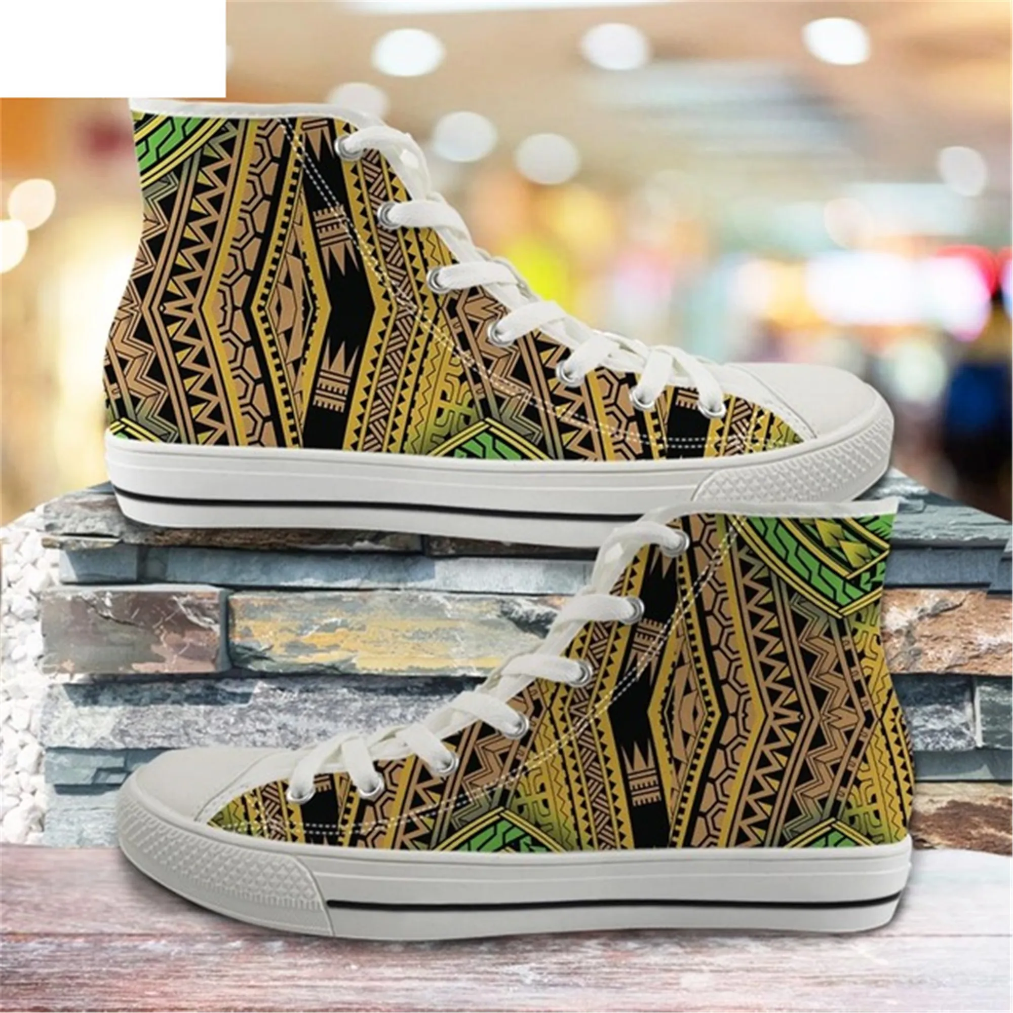 

Women's Shoes New Canvas Shoes Board Shoes Samoa Polynesian Tribal Flower Pattern High Top Lace up Fashion Walking Sneakers, Customized color