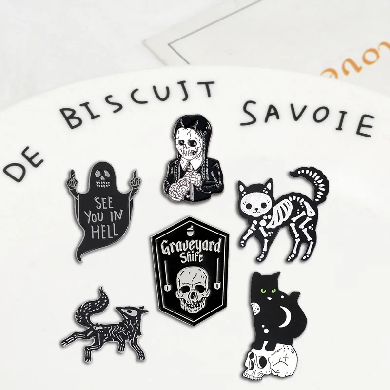 Punk Style Dark Series Skeleton Denim Enamel Pins See You In Hell Badges Brooches Funny Cartoon