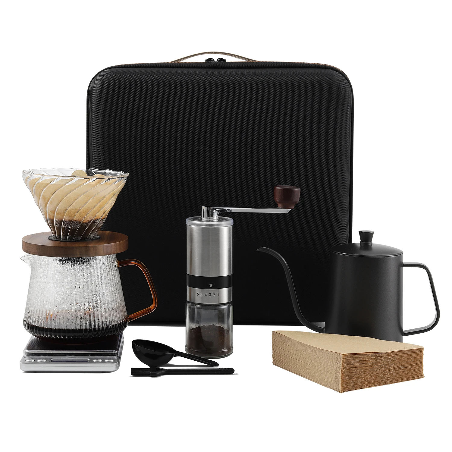 

2024 outdoor portable camping coffee accessories kit filter drip pour over V600 coffee set with premium travel gift bag mail box