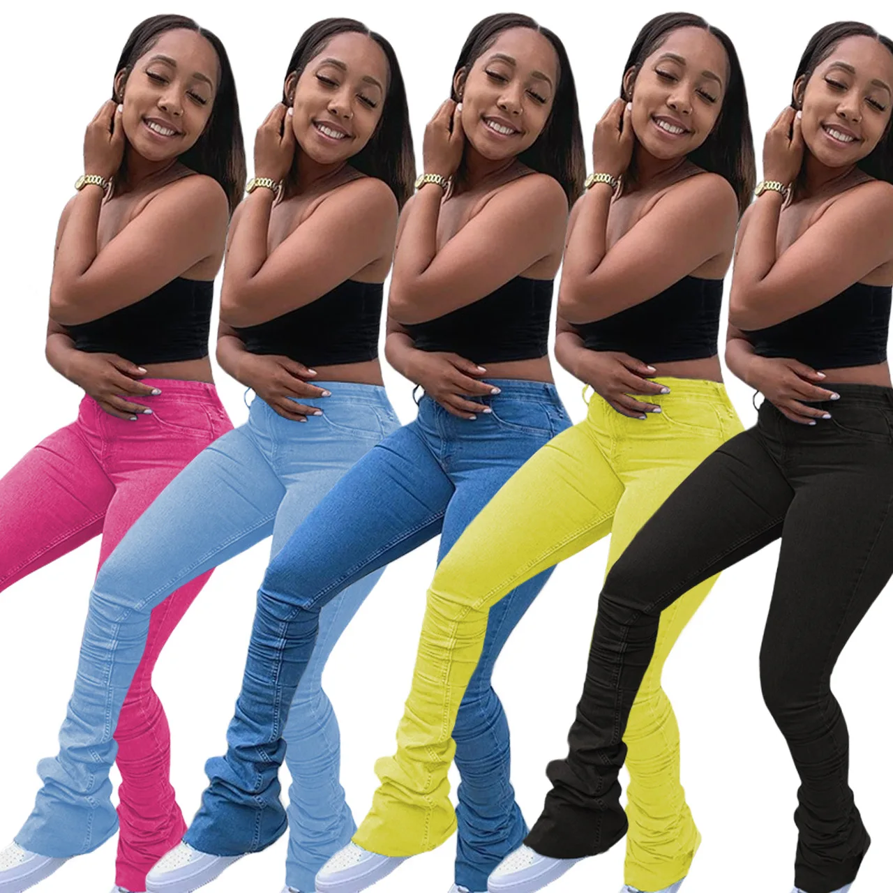 

Wholesale Women Colorful Plus Sized Stacked Boyfriend Jeans STREETWEAR Pants Stacked trouser jeans for Ladies, Colors