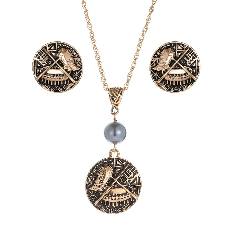 

Golden Round Shape Necklace Ear Clip Wedding Jewelry Sets Hawaii Earring Necklace