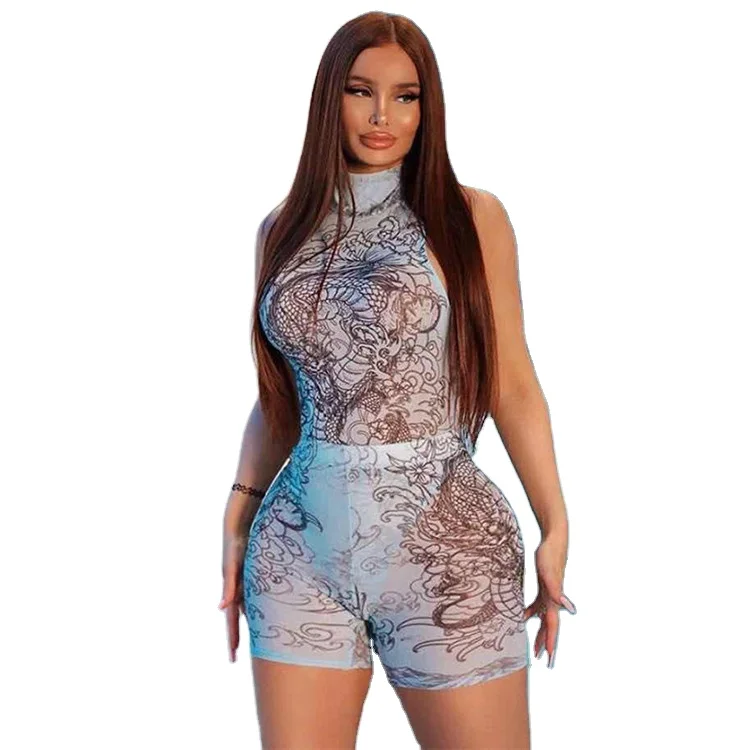 

L07313 2021 new arrivals sleeveless printed see through mesh bodysuit and shorts set for women two piece Shorts Set, Picture color