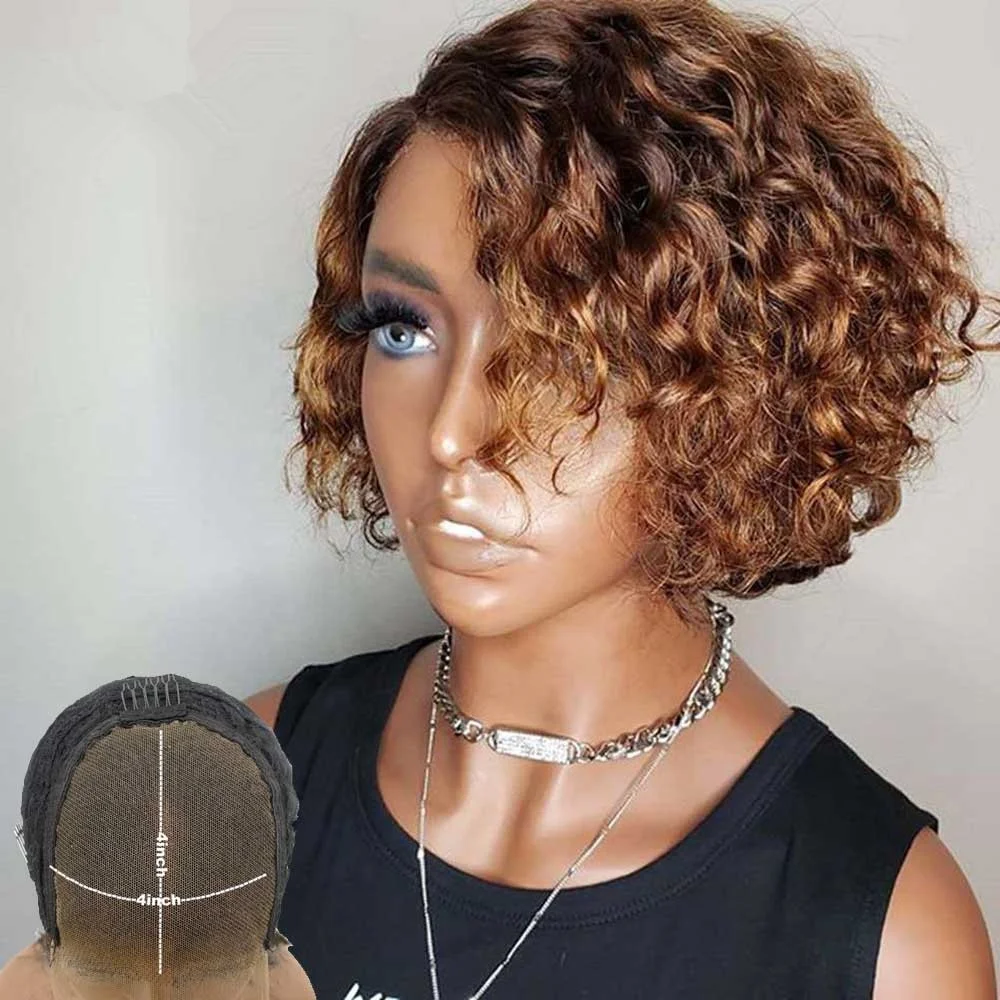 

Short Lace Closure Curly Human Wig Ombre 4X4 Closure Bob Wig Pre Plcuked Brazilian Remy Human Hair WIgs