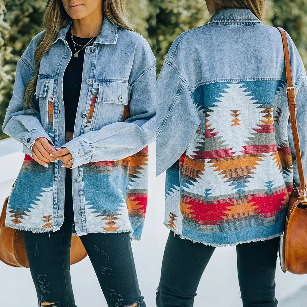 

Retro Denim Jacket New Long Sleeved Jean Top Lapel Loose Denim Women'S Aztec Shacket Female Vintage Denim Coat Aztec Jackets