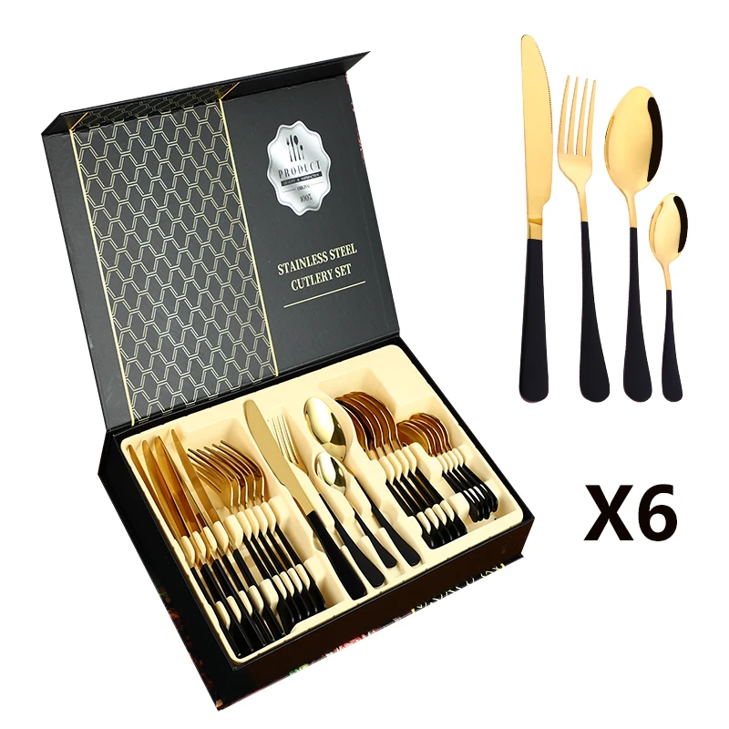 

Cutlery Box Service for 6,Include Knife Fork Spoon luxury Silver 24 Piece Stainless Steel Gold Cutlery Flatware Set