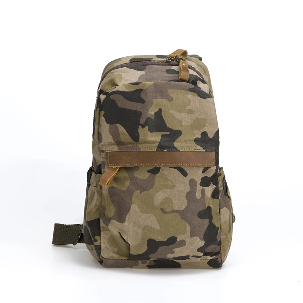 

20SC-8953M Canvas Outdoor Travel Sling Bag with Genuine Leather Tactical Trekking Hunting Men's Chest Bag, Camouflage (can be customized)