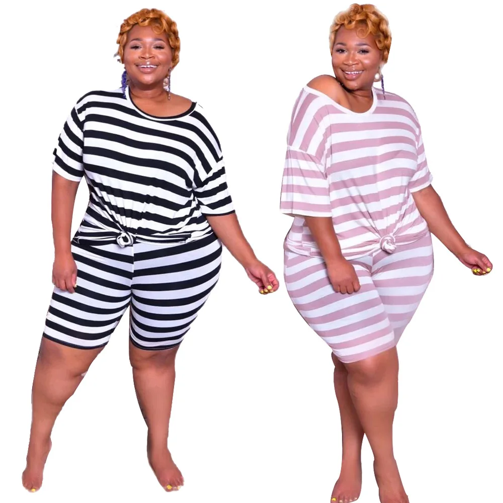 

Best Sale Classic Striped Women Casual 2 piece Tracksuits Plus Size XL 5XL O Neck Half Sleeve Loose T Shirt Big Size Shorts Sets, Black, light purple