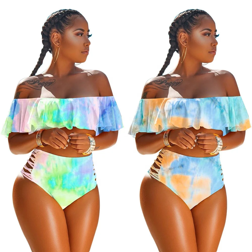 

Summer Sexy Cut Out One Line Collar Tie Dye Printed Ruffle Shorts Split Swimsuit Suit For Women