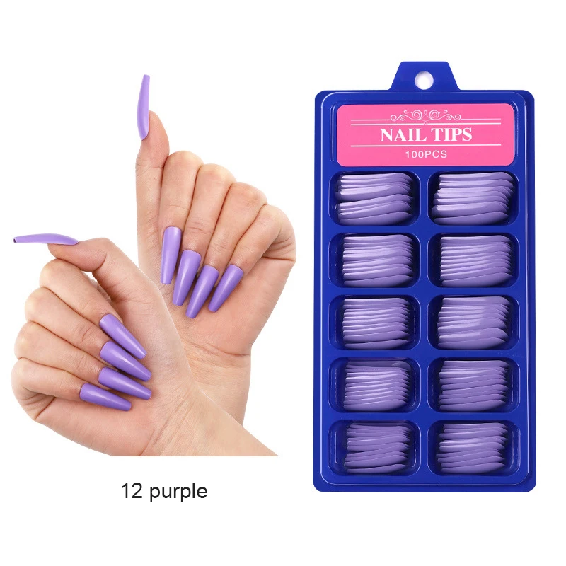 

100pcs/Set French Style Full Cover False Nails Tips Pure colors and Gradients Press on Acrylic long False Nail Tips, Pink, green, yellow, black, purple, etc