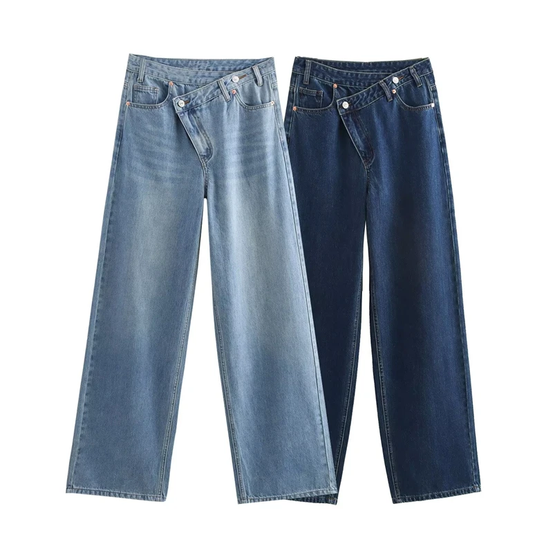 ZATRHMBM Women 2024 Autumn New Fashion Wide Leg Denim Jeans Vintage Side Pockets Zip Fly High Waist Female Trousers Mujer