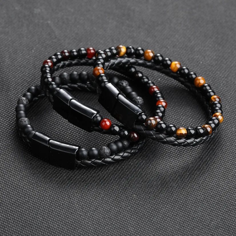 

Chanfar Popular Tiger Eye Lava Men Natural Stone Bracelet Stainless Steel Beads Magnetic Clasp Real Leather Black Bracelet