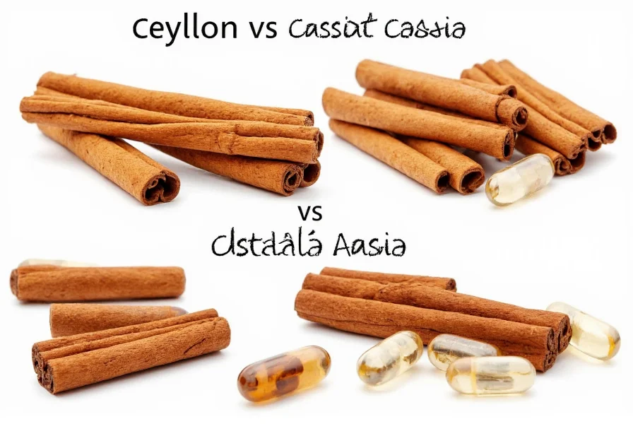 Comparison of Ceylon vs Cassia cinnamon sticks and supplement capsules showing visual differences between the two cinnamon varieties