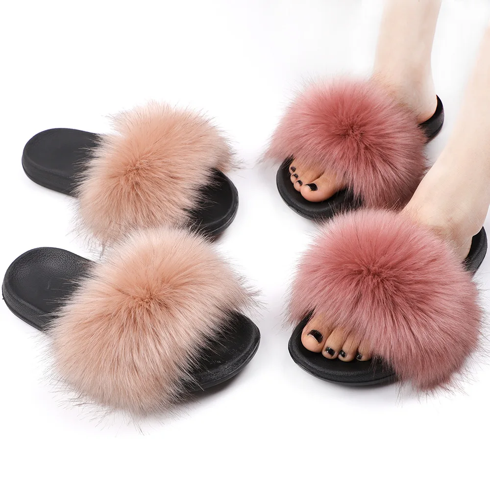 

New Arrival Girl Fluffy Faux Fox Fur Slippers Fashion Fuzzy Slides for Women indoor outdoor Shoes Plush Fur Slides, As pictures shown