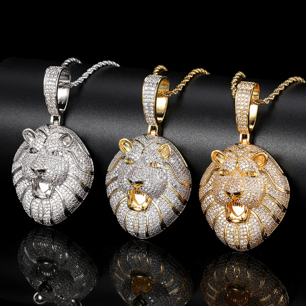 

Wholesale Lion Zircon Pendants Necklace Big Hip Hop Gold Lion Head Iced Out Lion Pendant, Gold/silver/two-color